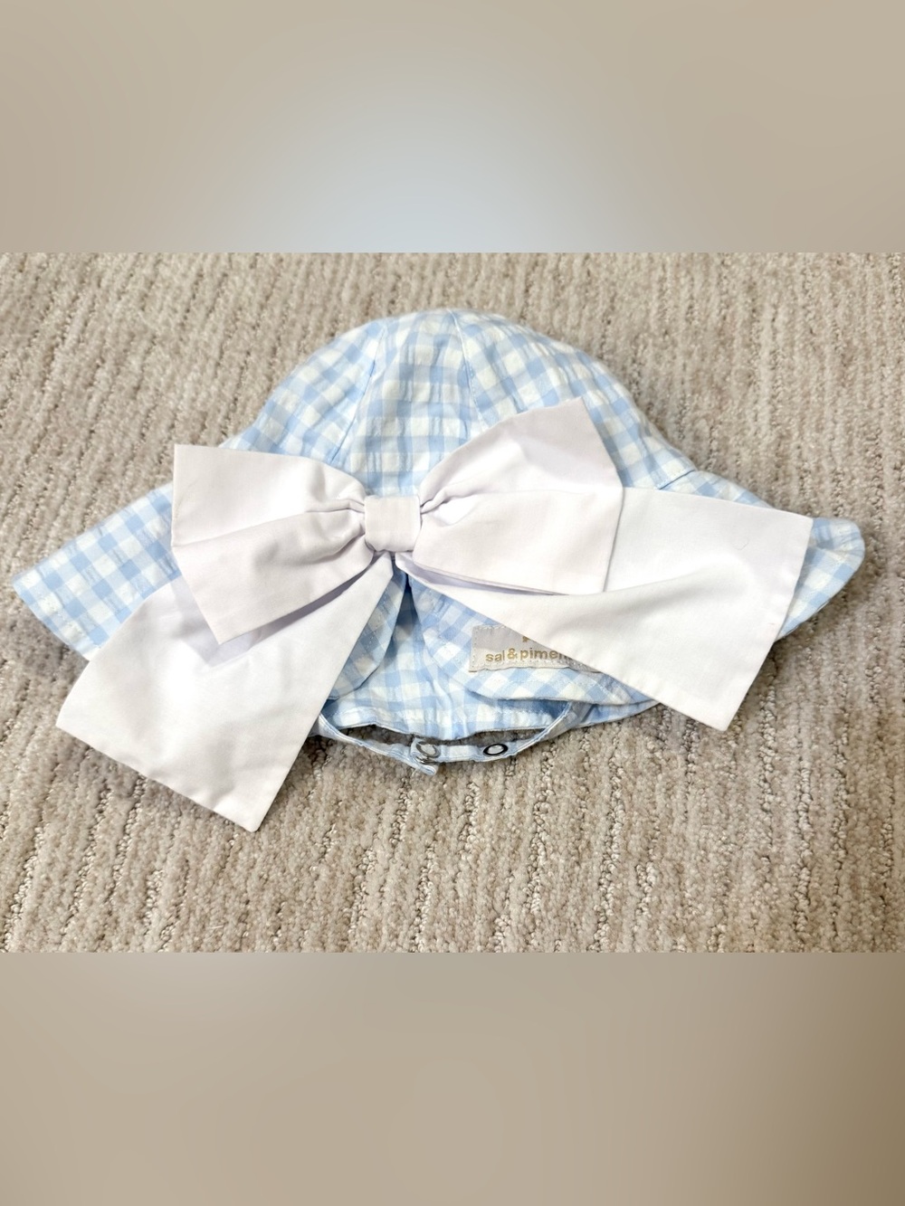 Sal & Pimenta Blue Gingham Sun Hat with White Bow - 2T